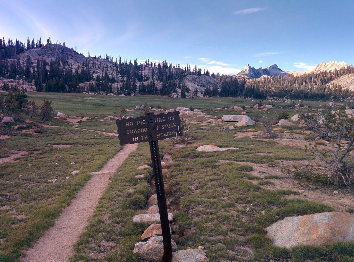 Wide alpine meadow with mountain peaks on the JMT